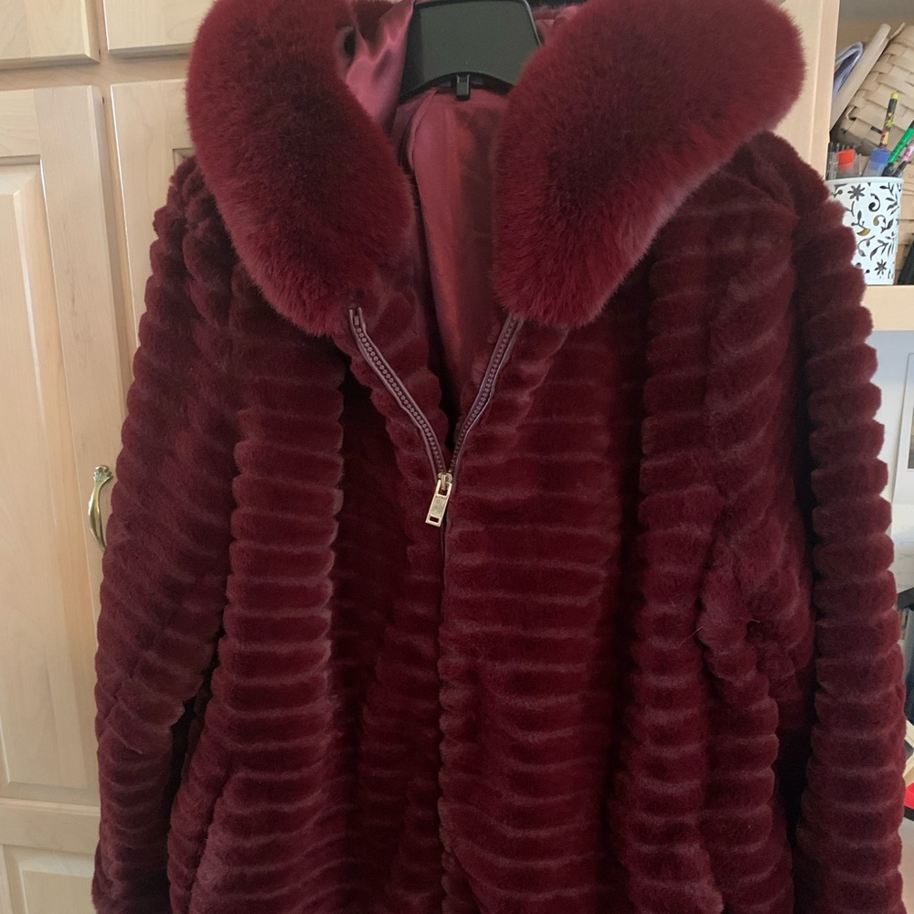 Beautiful, warm, faux fur, 3/4 length hooded jacket